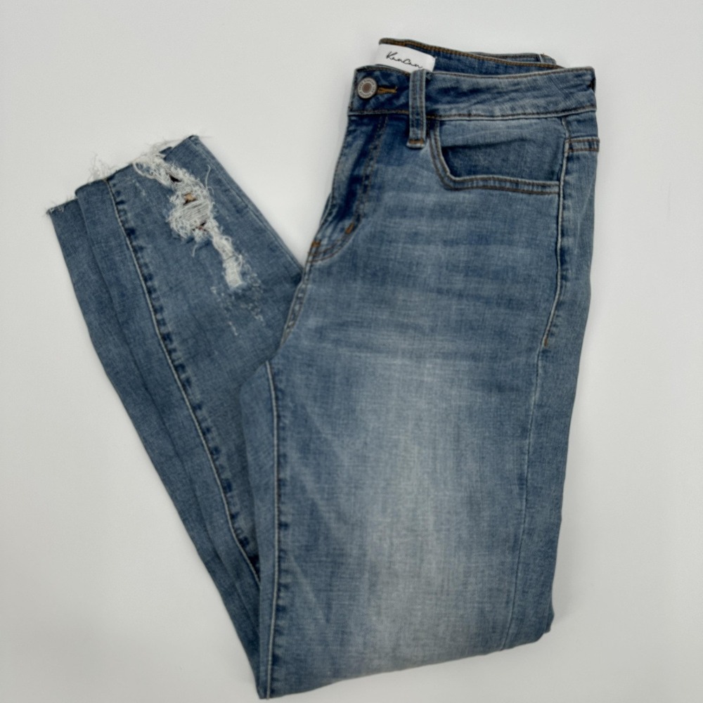 KanCan Jeans Womens 5 26 Blue Distressed Leopard Patch Knee Ripped Skinny Denim